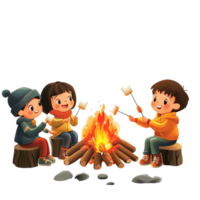 Group of Kids Roasting Marshmallows by a Bonfire in the Forest png