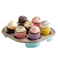 muffin tins with cupcakes on a plate on a transparent background png