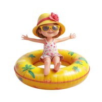 Happy little girl wearing summer clothes with an inflatable ring against a transparent background png