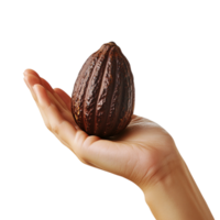 A woman hand gesturing with a cocoa pod against a transparent background png