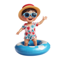 Happy little boy wearing summer clothes with an inflatable ring against a transparent background png