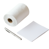 book and a roll of toilet paper on a table next to a transparent background rendered in 8K high detail png