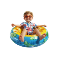 Happy little boy wearing summer clothes with an inflatable ring against a transparent background png