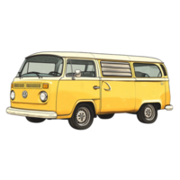 Hand drawn cartoon illustration of a vintage yellow minivan on a transparent background png