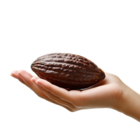 A woman hand gesturing with a cocoa pod against a transparent background png