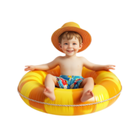 Happy little boy wearing summer clothes with an inflatable ring against a transparent background png