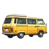 Hand drawn cartoon illustration of a vintage yellow minivan on a transparent background png