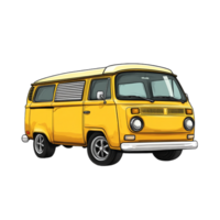 Hand drawn cartoon illustration of a vintage yellow minivan on a transparent background png