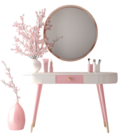 portrait of a vanity table with pink and white decor on a transparent background png