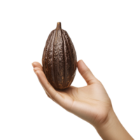 A woman hand gesturing with a cocoa pod against a transparent background png