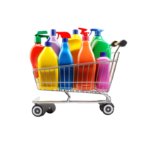 image of an isolated shopping cart filled with detergent bottles png
