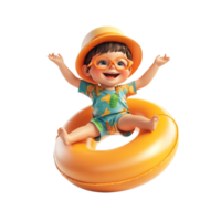 Happy little boy wearing summer clothes with an inflatable ring against a transparent background png
