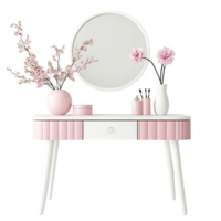 portrait of a vanity table with pink and white decor on a transparent background png
