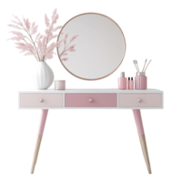 portrait of a vanity table with pink and white decor on a transparent background png