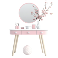 portrait of a vanity table with pink and white decor on a transparent background png