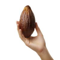 A woman hand gesturing with a cocoa pod against a transparent background png