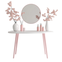 portrait of a vanity table with pink and white decor on a transparent background png