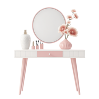 portrait of a vanity table with pink and white decor on a transparent background png