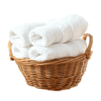 A basket with three white towels in it png