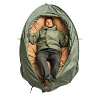 image of a top view of a man lying in his tent and feeling relaxed png