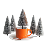 A small Christmas tree an orange cup, and a white saucer png