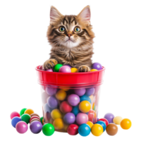 Cat in colorful balls in a large container png