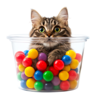 Cat in colorful balls in a large container png