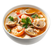 Bowl of soup with clams and shrimp isolated against a transparent background png