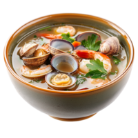 Bowl of soup with clams and shrimp isolated against a transparent background png