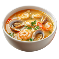 Bowl of soup with clams and shrimp isolated against a transparent background png