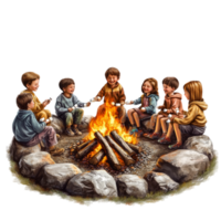Group of Kids Roasting Marshmallows by a Bonfire in the Forest png