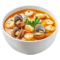 Bowl of soup with clams and shrimp isolated against a transparent background png