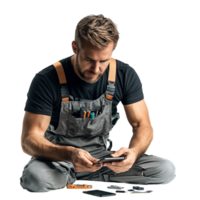 A man repairing a mobile phone against a transparent background png
