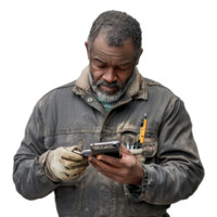 A man repairing a mobile phone against a transparent background png