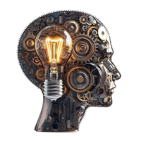 image of a technology head with a brain light bulb and artificial elements png