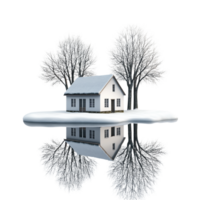 A house on a snowy surface with tree reflections in the snow png