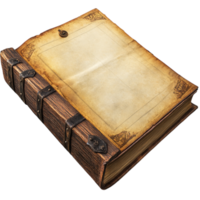An open old book with a cover and wooden elements against a transparent background png