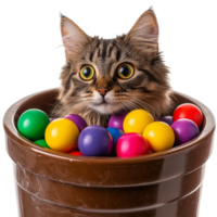 Cat in colorful balls in a large container png