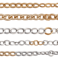 Seamless tile of isolated bronze silver and gold chain set on a transparent background png