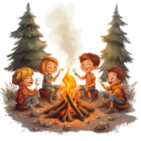 Group of Kids Roasting Marshmallows by a Bonfire in the Forest png