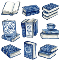Hand drawn collection of assorted books with blue covers on a transparent background png