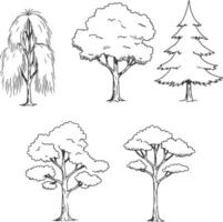 Minimal side view tree illustrations in architectural line style, ideal for CAD drawings, blueprint layouts, and landscape planning for urban or rural design projects vector