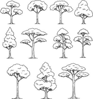 Set of hand-drawn architectural trees in minimal sketch style, featuring various tree types in side view, perfect for landscape design, CAD drafting, and architectural projects vector