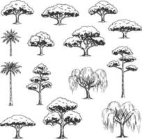Set of minimalist hand-drawn architectural tree illustrations in side view, perfect for CAD drafting, landscape design, and architectural projects. vector