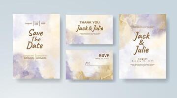 Minimalist watercolor wedding invitation card in navy blue, featuring soft splashes of color on a translucent overlay. vector