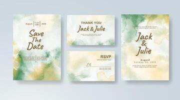 Classic watercolor wedding invitation card in golden yellow, featuring custom monogram art on a translucent overlay. vector