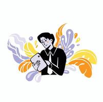 Man with tablet works and blooms color style flat vector