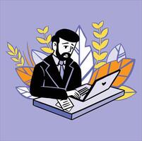 Man with beard works on laptop and blooms color style flat vector