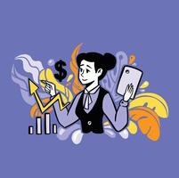Woman with tablet plotting graphs statistics blooms Flat style vector
