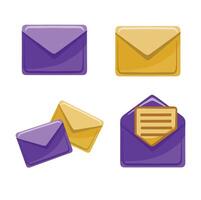 Set Correspondence symbol, open letter envelope, purple and yellow vector